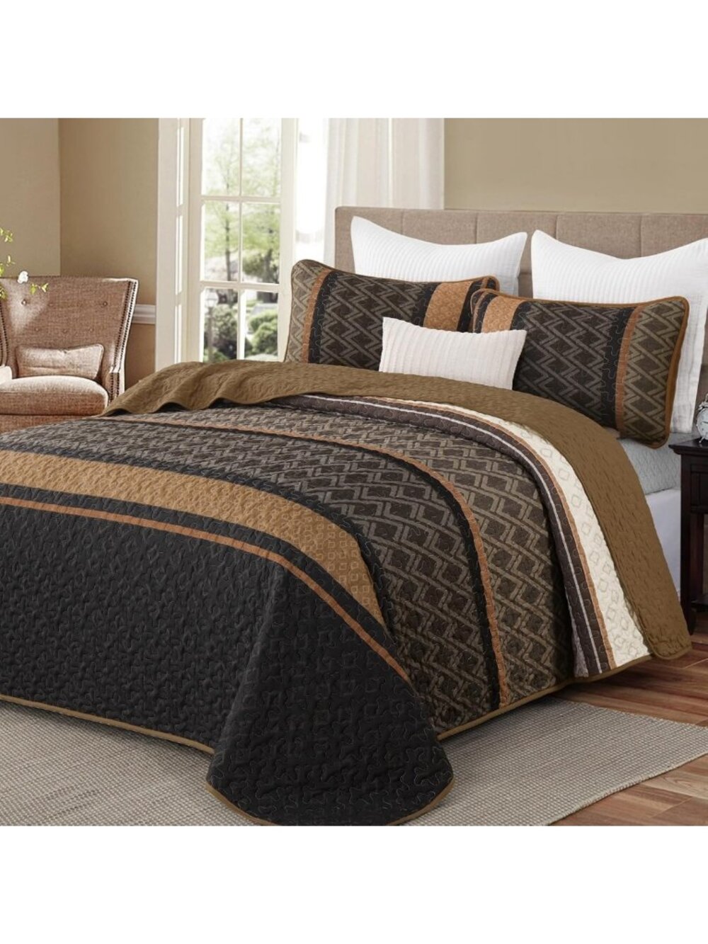 King Size Striped Quilt Set - Boho Fall Bedding, Cozy Brown Bedspread